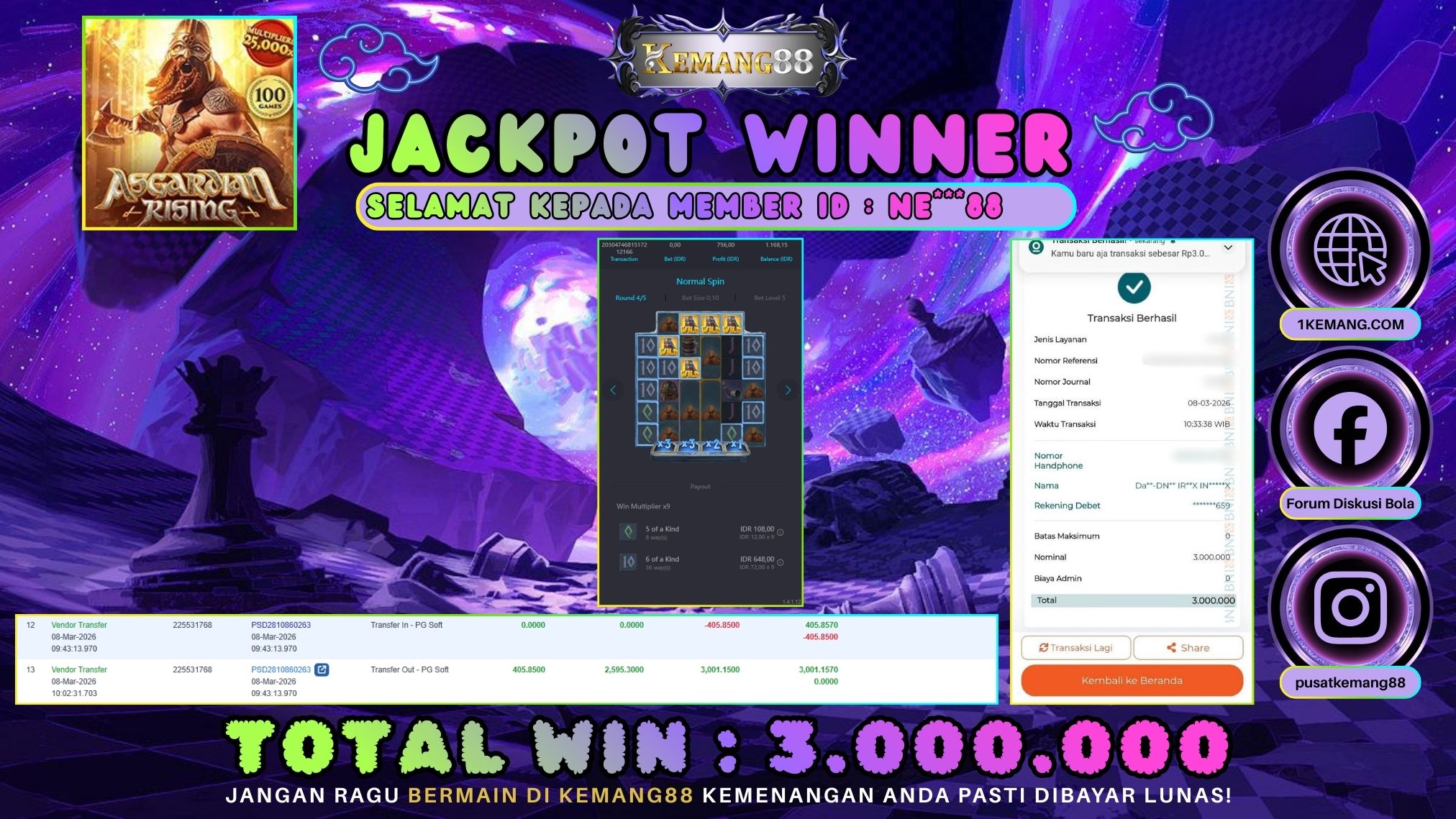 KEMANG88 [08 Maret 2026] : JACKPOT SLOT : ASGARDIAN RISING [PG] Rp. 3.000.000.,- LUNAS